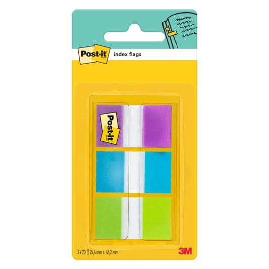 Eine Packung Post-it® Index Haftstreifen von 3M Deutschland GmbH enthält 60 Streifen in verschiedenen Farben (25,4 mm x 43,2 mm) in einem Spender für die effiziente Organisation von Dokumenten - ideal zum klaren Markieren und Sortieren.