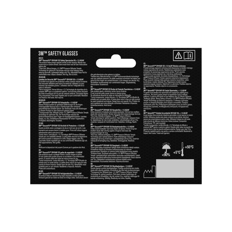 The 3M™ SecureFit™ reading safety glasses from 3M Deutschland GmbH come in black packaging with white text, multilingual product descriptions, warning symbols, and a -20°C to +50°C temperature diagram in the lower right corner.