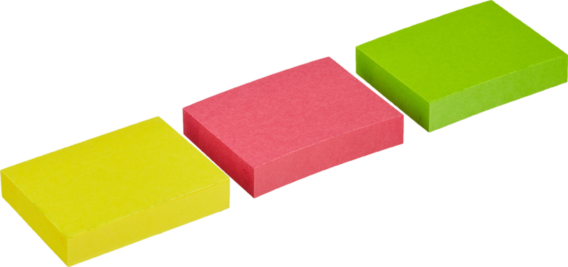 Drei quadratische Post-it® Zettel in verschiedenen Neonfarben - gelb, rot und grün - sind in einer Reihe auf weißem Hintergrund angeordnet. Jeder 38 x 51 mm große Block der 3M Deutschland GmbH ist PEFC-zertifiziert und enthält 100 Blatt; die Packung enthält 3 Blöcke.