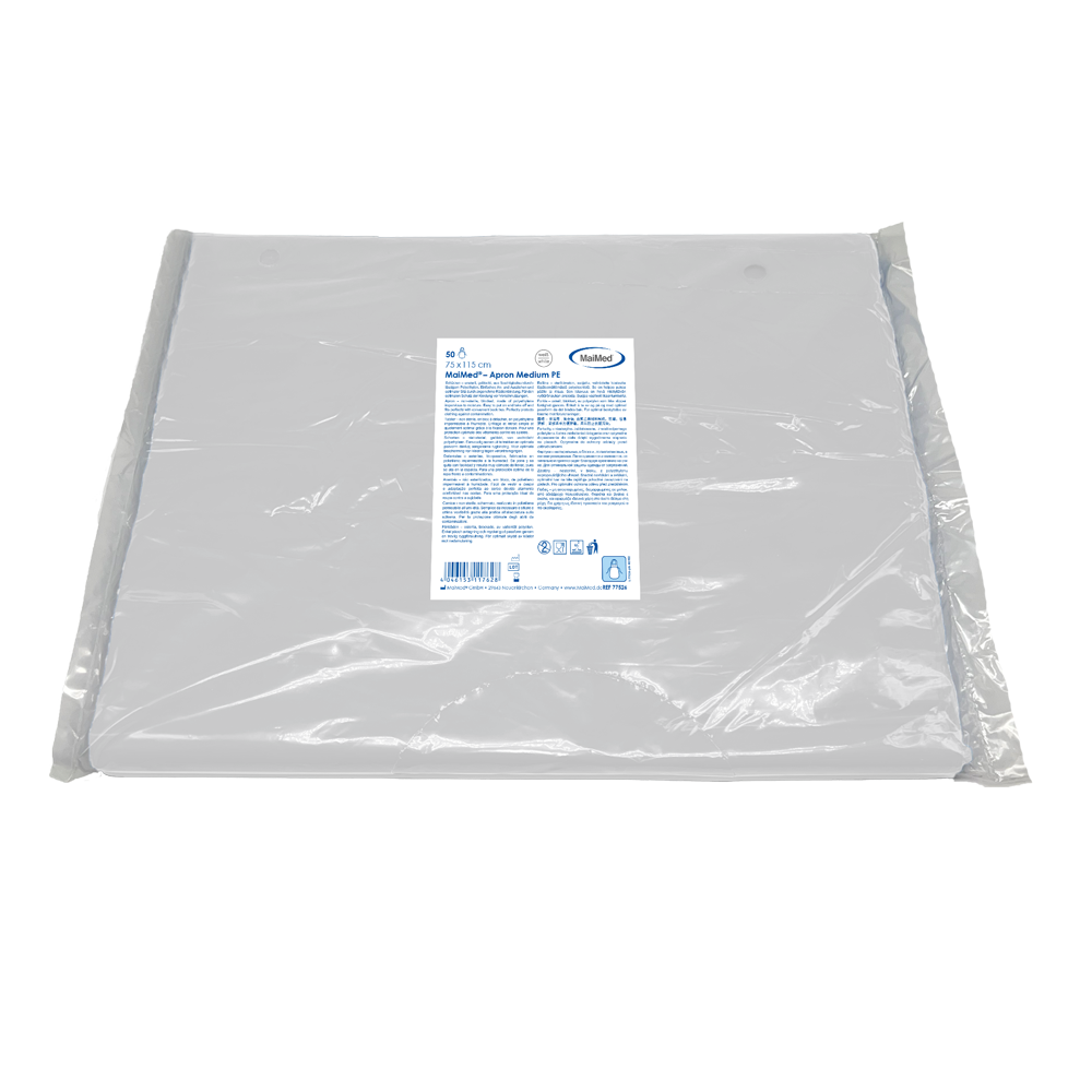 MaiMed-Apron Medium PE, apron made of PE 75x115cm white, 50 pieces/pack, blocked, smooth surface | Pack (50 pieces)
