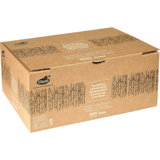 Eine große braune Schachtel mit der Aufschrift "Duni GmbH" enthält 3.000 Zahnstocher Neutral Holz 50, mit Produktinformationen in mehreren Sprachen und einem schwarzen Baummuster an den Seiten.