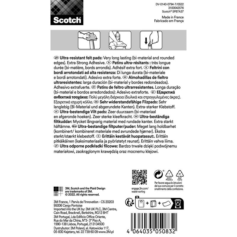 Back of a package of Scotch® Extreme Durable Felt Pads SP87A37 (3M Deutschland GmbH) with multilingual description, usage and recycling instructions, surface protection illustrations for chair legs, barcode, and manufacturer contact details. 12 gray/white pads, 24 x 22 mm.