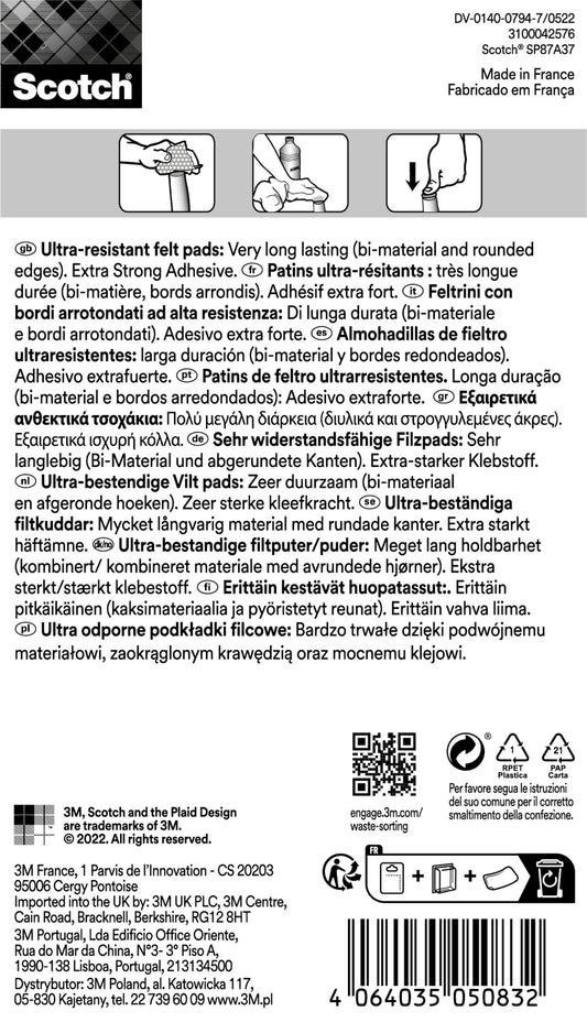 Scotch® Extrembeständige Filzpads SP87A37 von 3M Deutschland GmbH. Auf der Vorderseite der Verpackung stehen "ultrabeständige Filzpads" und "extra starker Klebstoff" in mehreren Sprachen, mit Symbolen und Details. Enthält 12 selbstklebende Pads (24 mm x 22 mm).