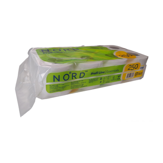 Ein Karton Altruan Toilettenpapier, 2-lagig, 250 Blatt pro Rolle, 8 Rollen pro Packung (8 Packungen je Karton), hergestellt aus 100% Zellstoff für Weichheit und Stärke, verpackt mit grünem und gelbem Branding.