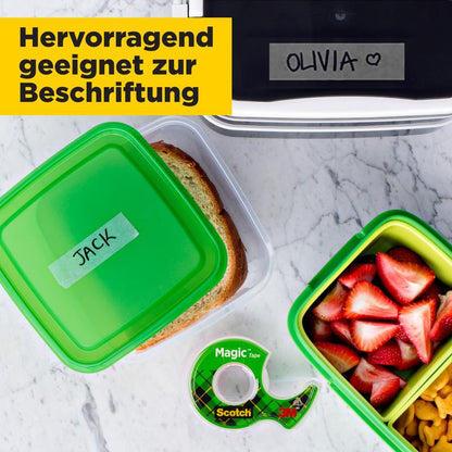 A lunch scene shows three boxes (one "JACK" with a sandwich, one with fruit and nuts, one "OLIVIA" with a heart) and a Scotch® Magic™ Invisible Tape from 3M Deutschland GmbH. German text: "Excellent for labeling.