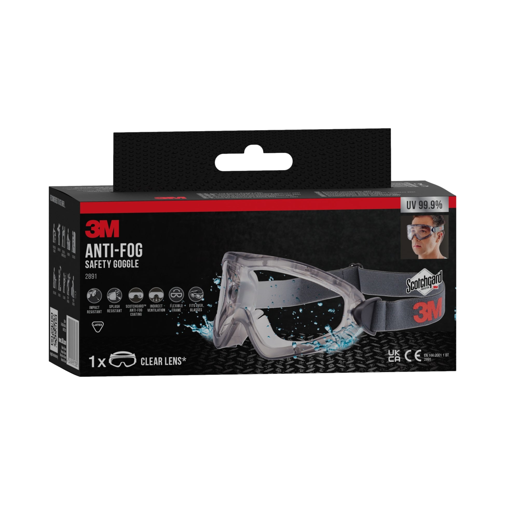 Eine Packung enthält 1 Stück 3M™ Schutzbrille 2891 von 3M Deutschland GmbH, mit Scotchgard™ Anti-Beschlag-Beschichtung, indirekter Belüftung und klarer Scheibe. Die Verpackung zeigt die Schutzbrille und eine Person, die sie trägt, mit hervorgehobenem UV-Schutz.