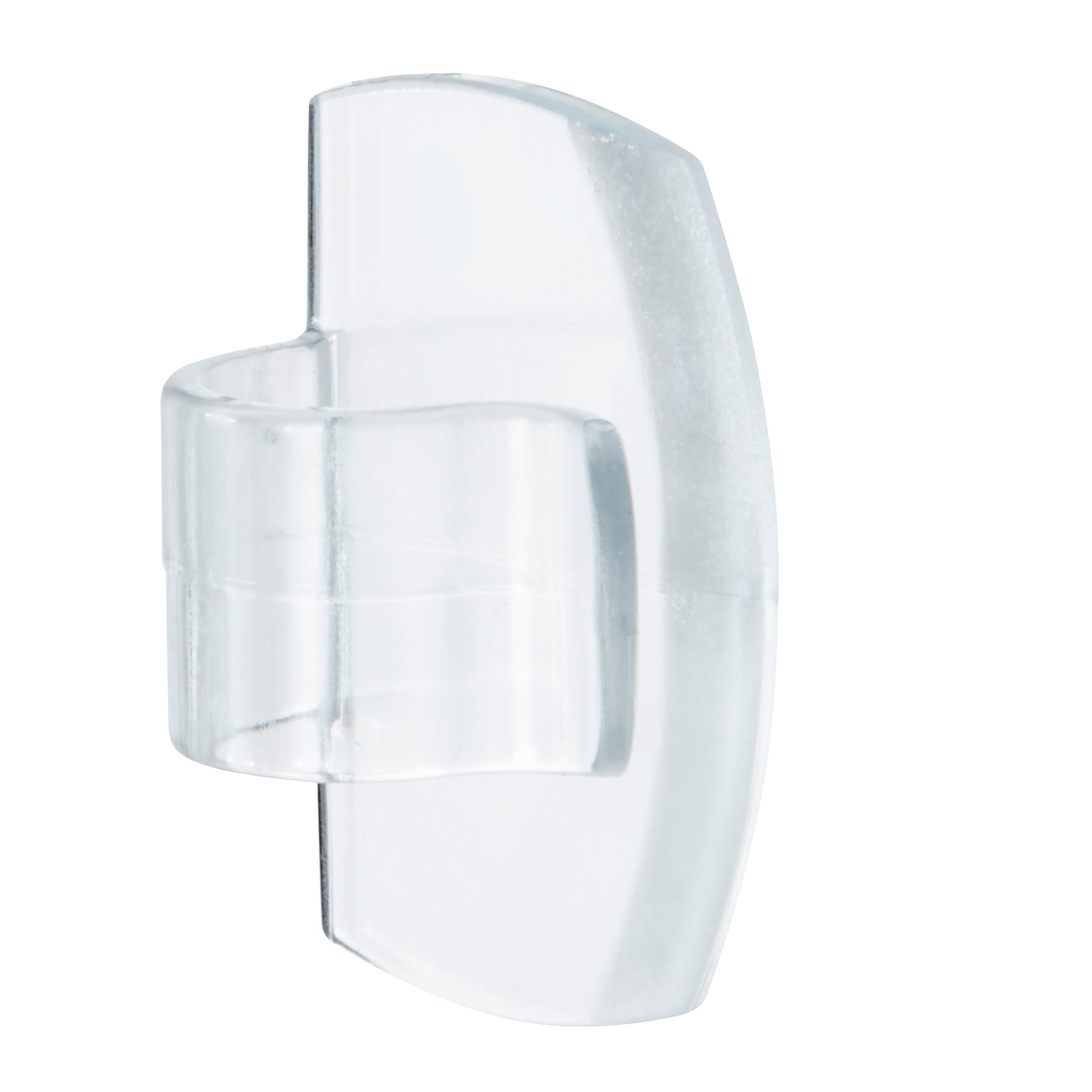 Die Command™ transparente Clips für runde Kabel, 17017CLR (4 Clips + 5 Streifen), von 3M Deutschland GmbH, sind transparente Kunststoff-Clips mit gebogener Halterung auf einer klaren Trägerplatte, abgebildet vor weißem Hintergrund.