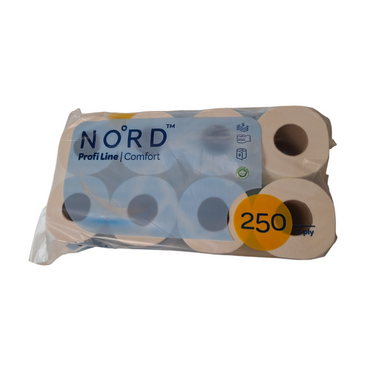 Eine in Plastik verpackte Packung mit acht Rollen Altruan Toilettenpapier, 3-lagig, 250 Blatt pro Rolle. Auf der Vorderseite steht in einem gelben Kreis "250". Die Rollen sind in zwei Viererreihen angeordnet.