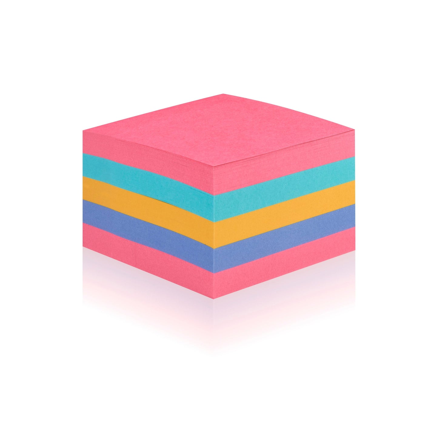 Der 3M Deutschland GmbH Post-it® Super Sticky Würfel (440 Blatt, 76x76mm, farbig, 100% PEFC) zeigt pinke, gelbe, blaue und blaue Zettel mit starker Klebekraft, angeordnet in einem ordentlichen Würfel auf weißem Hintergrund.