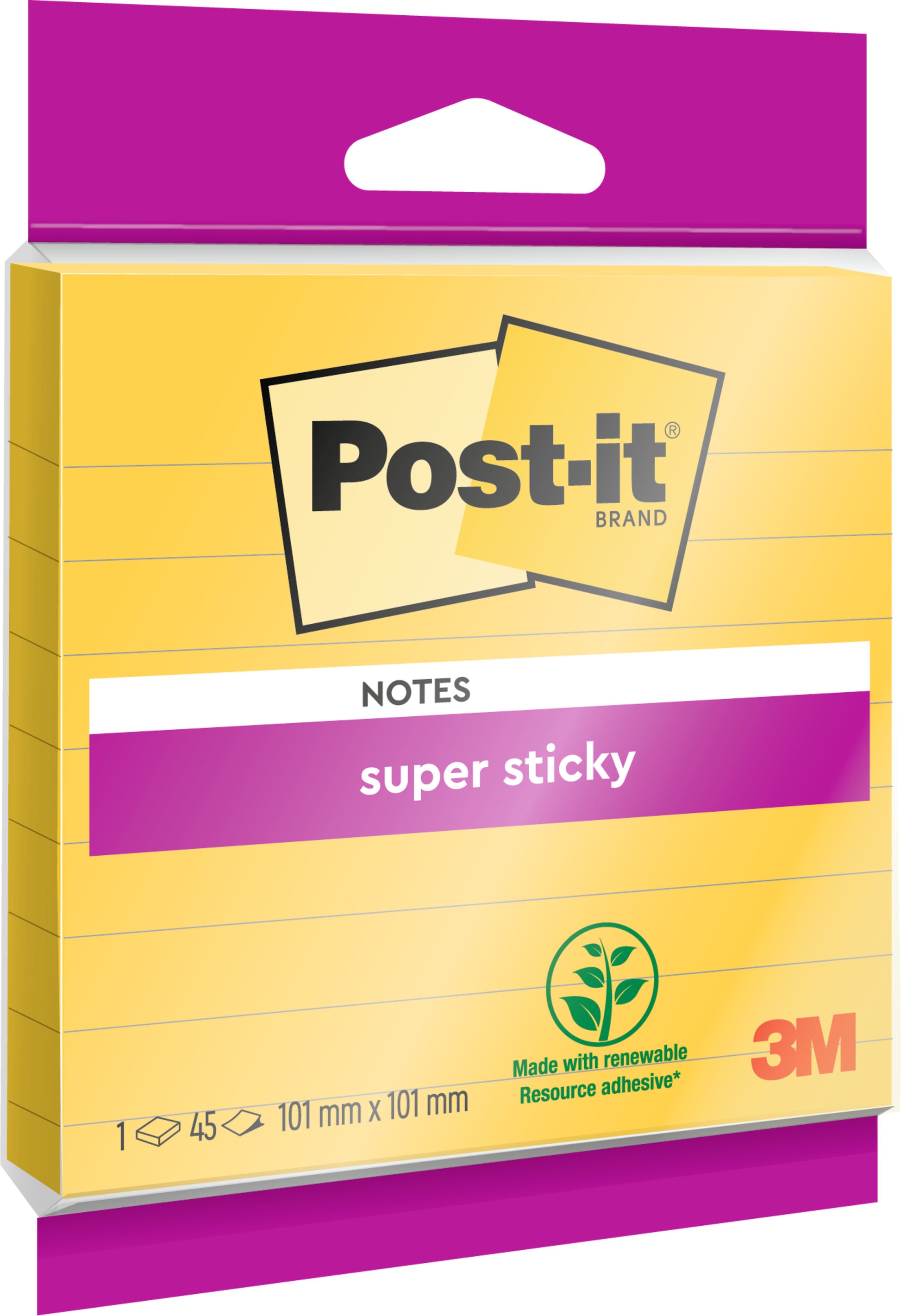 Post-it® Super Sticky Notes von 3M Deutschland GmbH, großformatig und liniert in Gelb, 101 x 101 mm, 45 Blatt pro Block. Aus 100% PEFC-zertifiziertem Papier-ideal für Ihr Büro. Eine Packung (1 Stück).