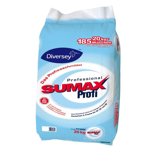 Ein 20-kg-Sack der Diversey Deutschland GmbH & Co. OHG Sumax Profi Vollwaschmittel für 185 Wäschen im weiß-blauen Design mit roter und blauer Schrift. Die Produktangaben sind auf der Verpackung in deutscher Sprache angegeben.