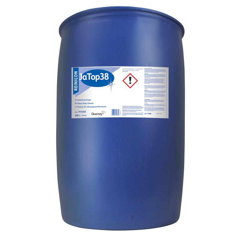Ein großes blaues Kunststofffass mit der Aufschrift "Reinilon Ja-Top 38 Industriereiniger" von Diversey Deutschland GmbH & Co. OHG zeigt Gefahrensymbole und Sicherheitshinweise. Es steht aufrecht und enthält Industriereiniger mit einer umweltfreundlichen Formel für verschiedene Reinigungsaufgaben.