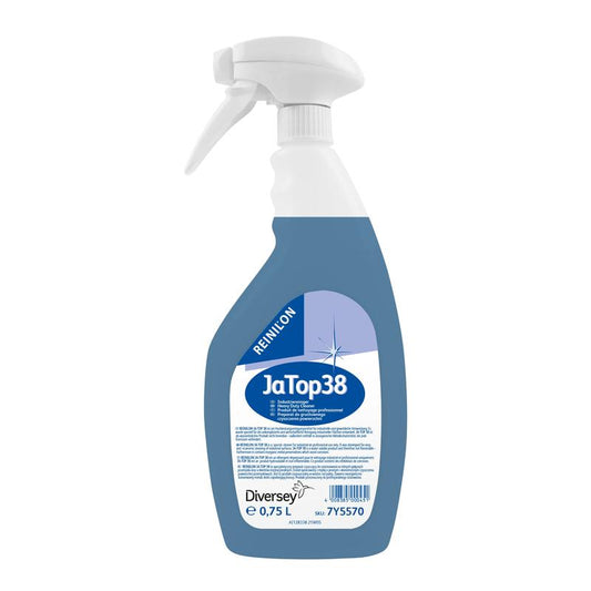Eine Kunststoff-Sprühflasche mit blauer Flüssigkeit, beschriftet mit "Reinilon Ja-Top 38 Industriereiniger", von Diversey Deutschland GmbH & Co. OHG, enthält 0,75 l und weist auf dem Etikett auf eine umweltschonende Zusammensetzung hin.