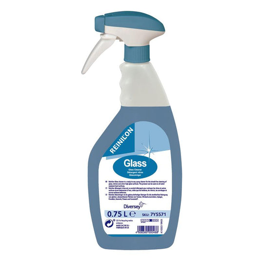Eine 750 ml Sprühflasche REINILON Glasreiniger von Diversey Deutschland GmbH & Co. OHG mit blauer Flüssigkeit, blau-weißer Düse und Etikett mit Produktinformation. Ideal für die streifenfreie Glasreinigung (Glasoberflächen Reinigung).