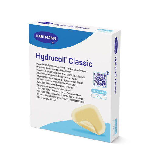 Eine weiße Schachtel Hydrocoll Classic Verband steril von Paul Hartmann AG, 7,5 x 7,5 cm, 10er-Packung, mit mehrsprachigem Text und der Abbildung eines gelblichen Verbands zur feuchten Wundbehandlung auf der Vorderseite.