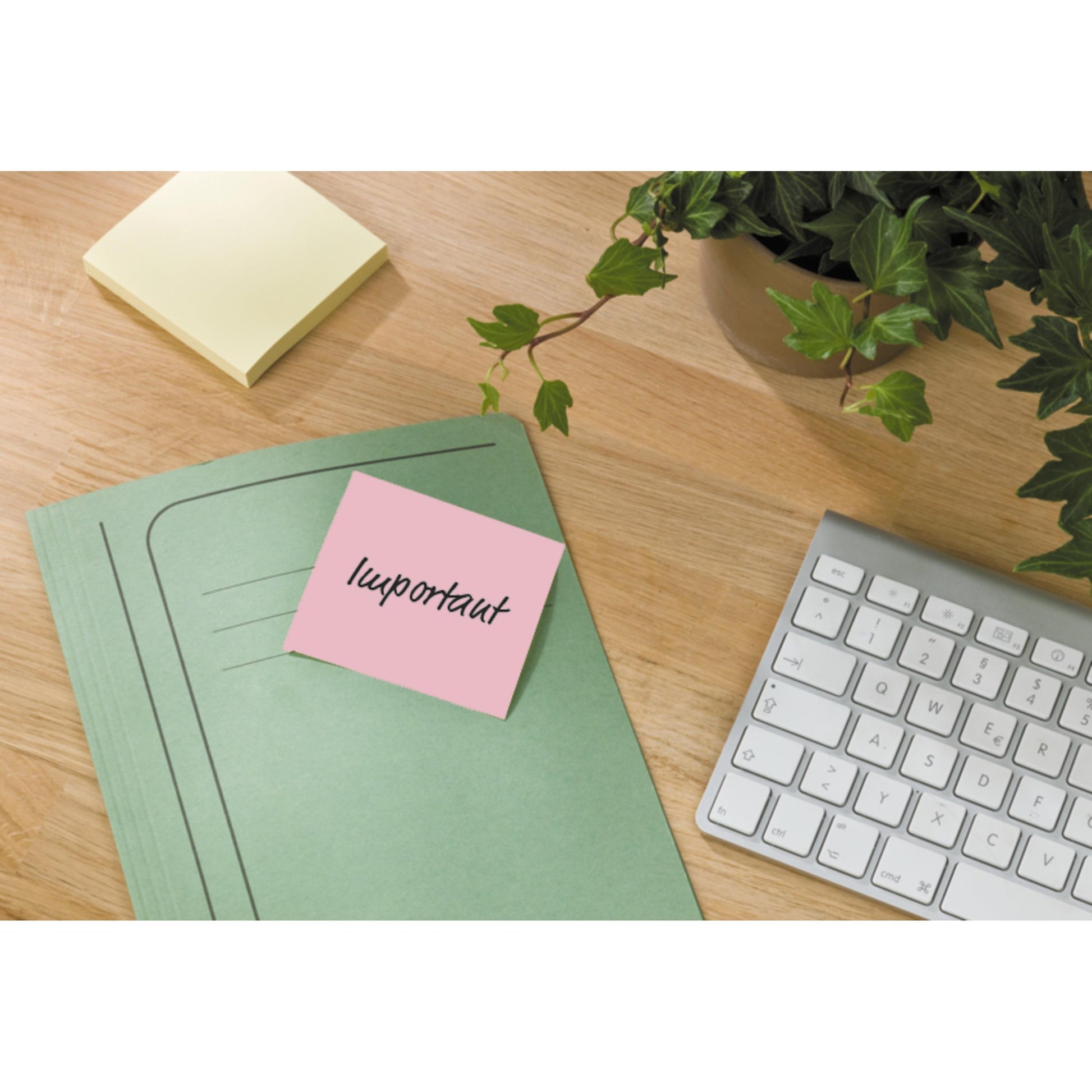 Ein grüner Aktenordner mit einer Post-it® Recycling Note der 3M Deutschland GmbH liegt auf einem Holztisch neben einer weißen Tastatur, einer gelben Haftnotiz und einer Topfpflanze mit grünen Blättern.