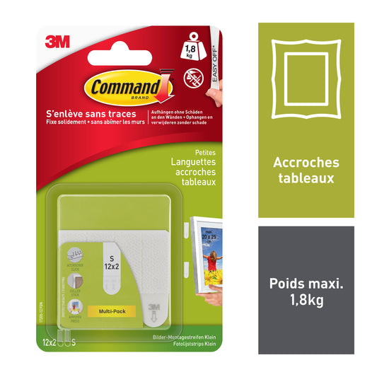 Eine Packung Kleine weiße Command™ Bilder-Montage Strips S 17202FGN (1 Stück) von 3M Deutschland GmbH, konzipiert für kleine Bilder bis zu 1,8 kg, ist in einem durchsichtigen Kunststoffkoffer mit französischem Text zu sehen, der die Verwendung beschreibt.