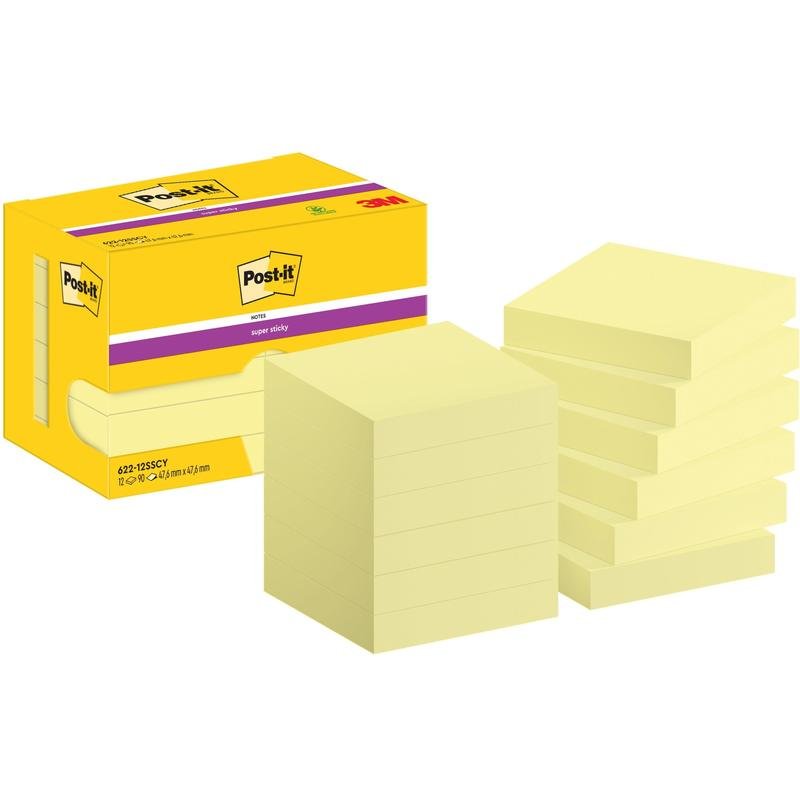 A yellow box with the inscription "Post-it® Super Sticky Notes, 47.6 mm x 47.6 mm, 90 sheets/block, 100% PEFC" from 3M Deutschland GmbH is depicted, with nine yellow sticky note blocks stacked next to it.
