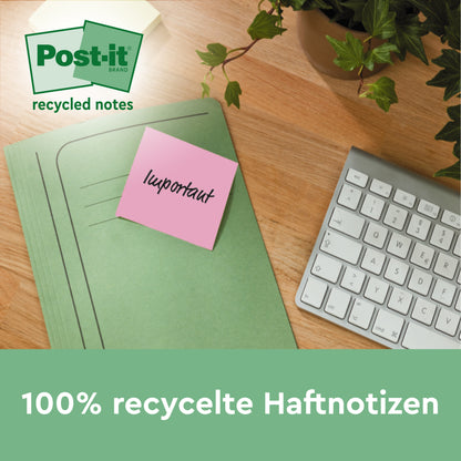 A pink Post-it® Recycling Note (76 x 76 mm, 100 sheets, 100% PEFC) from 3M Deutschland GmbH with the word "Important" is attached to a green folder next to a keyboard and a plant. The note reads "100% recycled sticky notes."