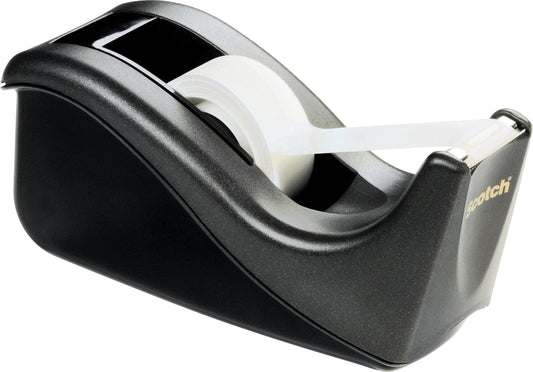 Der Scotch™ Klebeband-Abroller C60 in Schwarz von 3M Deutschland GmbH hält eine Rolle Scotch® Magic™ Unsichtbares Klebeband (19 mm x 33 mm), die einsatzbereit ist. Die Packung enthält 4 Rollen.