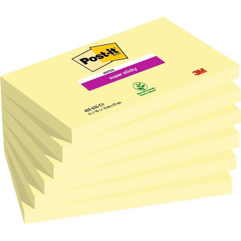 A stack of six Post-it® Super Sticky Notes (76 mm x 127 mm, 90 sheets/pad, 100% PEFC) from 3M Deutschland GmbH is shown in branded packaging, with the symbols "Super Sticky" and environmental certification visible.