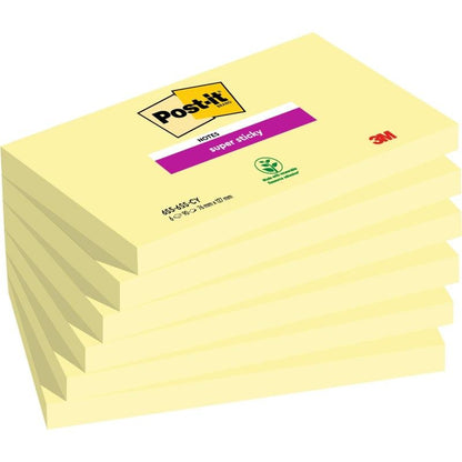 A stack of six Post-it® Super Sticky Notes (76 mm x 127 mm, 90 sheets/pad, 100% PEFC) from 3M Deutschland GmbH is shown in branded packaging, with the symbols "Super Sticky" and environmental certification visible.