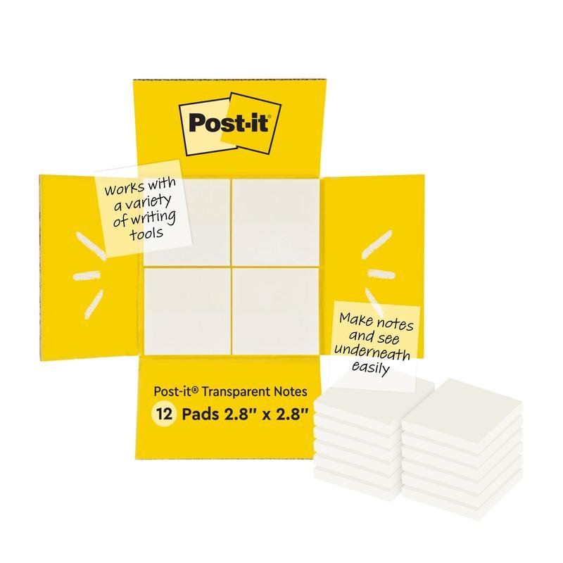 An opened yellow box labeled "Post-it® Transparent Notes" from 3M Deutschland GmbH shows transparent notes inside. The text highlights: "Works with a variety of writing instruments" and "Take notes and easily see underneath." 12 blocks, 73 mm x 73 mm, 36 sheets/block.