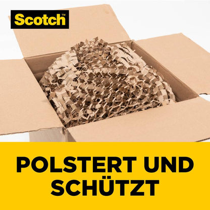 A box filled with Scotch™ Cushion Lock™ protective packaging (30.4 cm x 9.14 m, 1 roll/package) from 3M Deutschland GmbH protects delicate items; under the Scotch logo, it says in yellow letters "Cushions and protects."