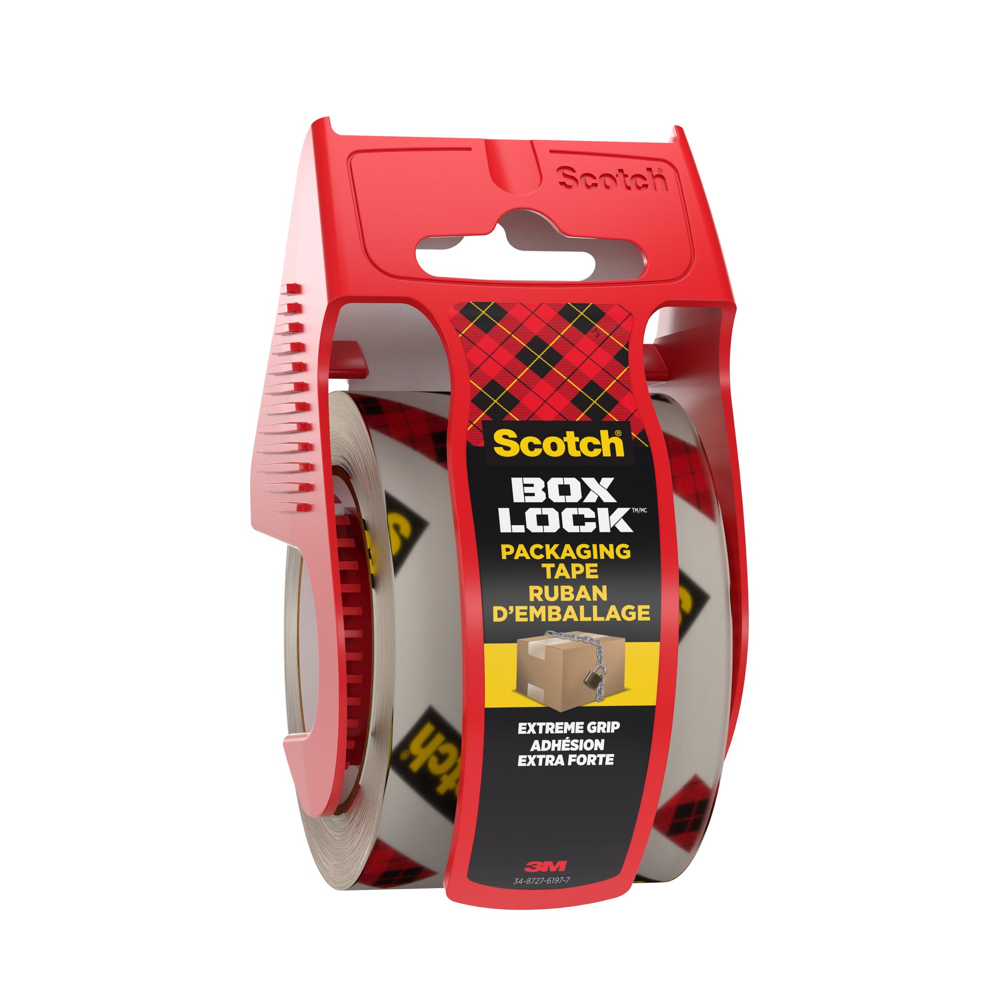 Das Scotch® Box Lock™ Verpackungsklebeband (48 mm x 20,3 m) der 3M Deutschland GmbH wird in einem roten Kunststoffspender mit integriertem Abschneider und Griff geliefert und ist mit einem schwarz-gelben "Extreme Grip"-Etikett für eine sichere Verpackung versehen.