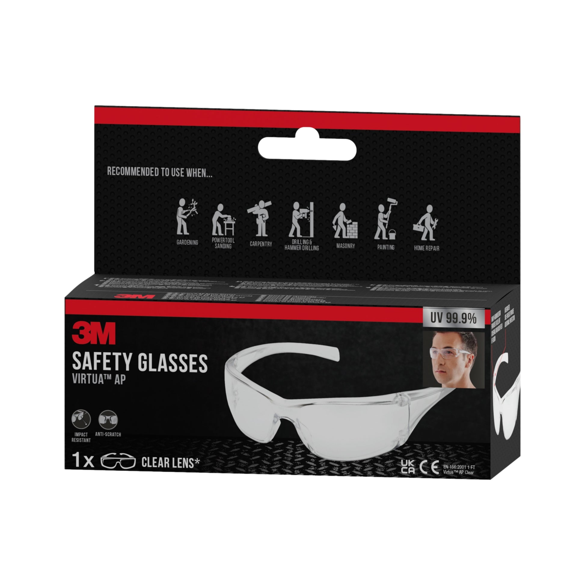 Die 3M™ Virtua™ Schutzbrille AP mit klarer Linse (1 Stück, 3M Deutschland GmbH) ist auf der Verpackung als geeignet für Gartenarbeit, Bau, Materialtransport, Maschinenarbeiten, Anlagenwartung und Holzreparatur dargestellt.