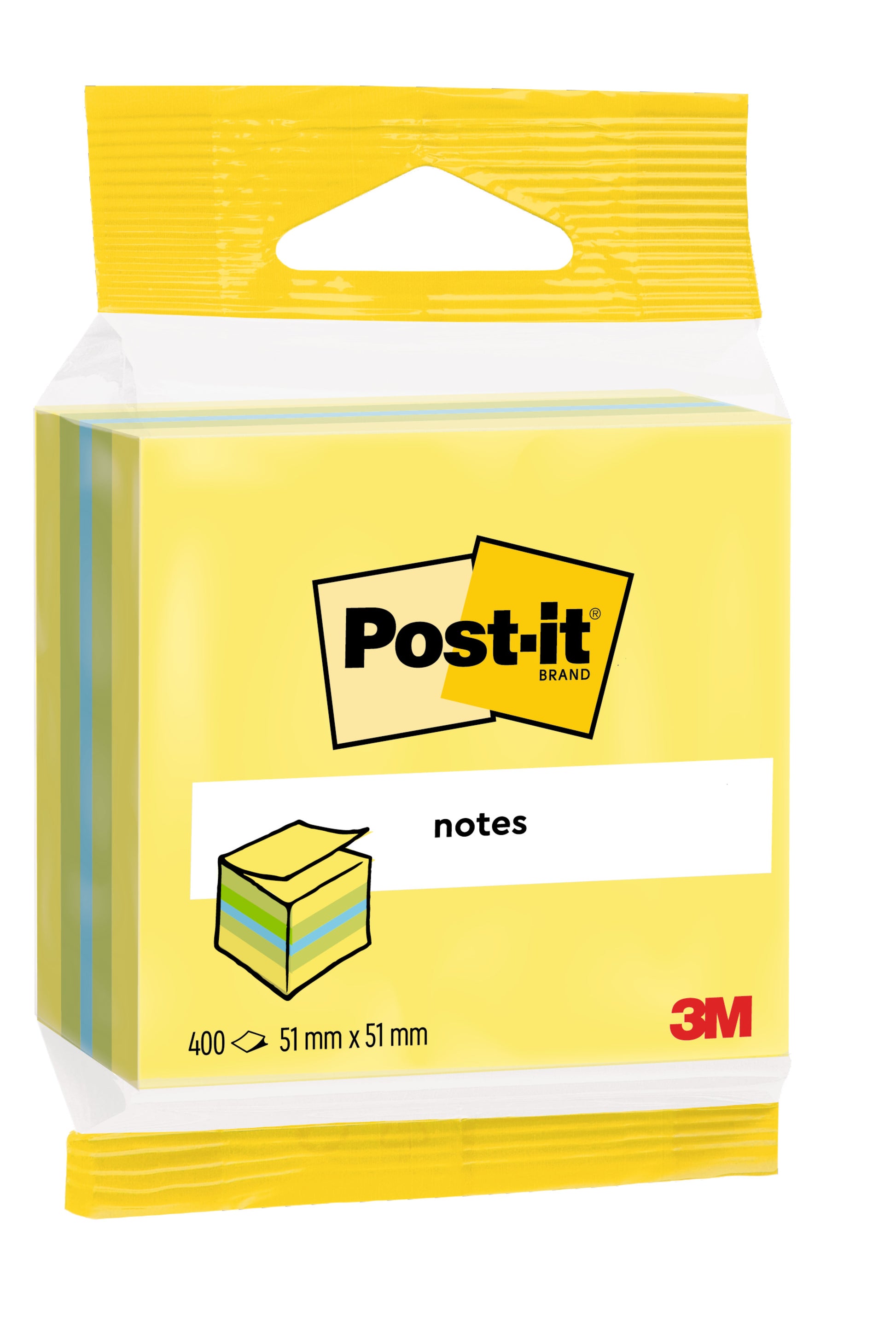 Eine Packung Post-it® Notes Mini Würfel der 3M Deutschland GmbH enthält 400 Blatt im Format 51 x 51 mm, hat eine gelbe Hülle mit dem Markenlogo und der Abbildung des Notizblocks und besteht aus 100 % PEFC-zertifiziertem Papier.