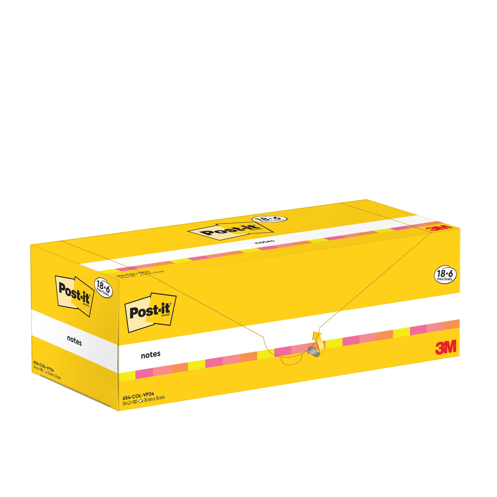 Eine gelbe, rechteckige Schachtel Post-it® Notes (76 mm x 76 mm, 100 Blatt/Block, 100% PEFC) der 3M Deutschland GmbH ist mit dem Post-it-Logo und den Produktangaben auf der Verpackung bedruckt.