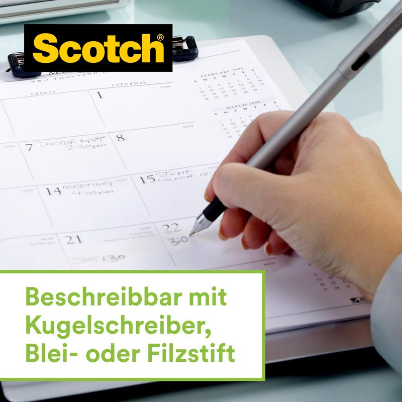 A hand writes on a calendar while the 3M Scotch™ stainless steel tape dispenser, silver and Scotch® Magic™ tape (66% plant-based adhesive) lies next to it. Below it says: "Writable with ballpoint pen, pencil or felt-tip pen."