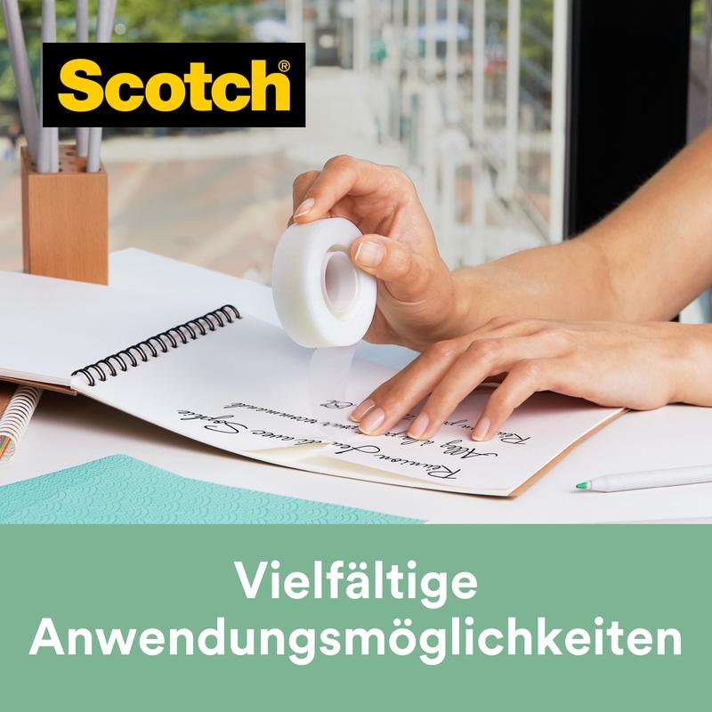 A person uses Scotch® Magic™ Tape (19 mm x 33 m, 9 rolls/pack, with 66% plant-based adhesive from 3M Deutschland GmbH) at the desk with a notebook and pen. Top left the Scotch logo; below: "Various application possibilities."