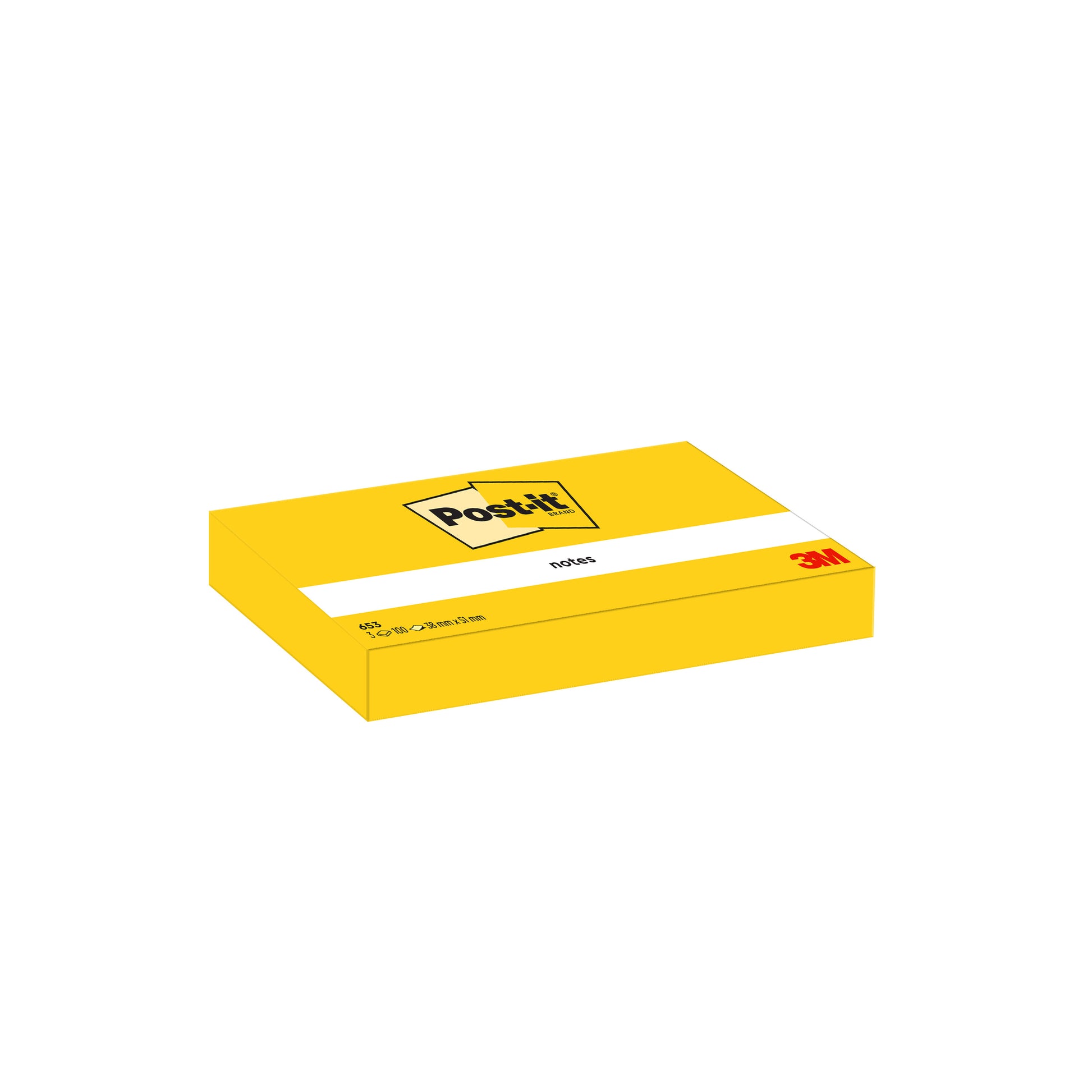 Abgebildet ist eine gelbe rechteckige Schachtel Post-it® Notes der 3M Deutschland GmbH (38 mm x 51 mm, 100 Blatt/Block, 3 Blöcke/Packung) in einer Kartonverpackung vor einem schlichten weißen Hintergrund.