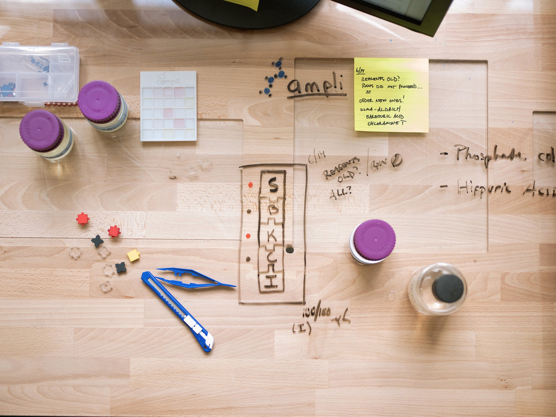 Auf einem Holztisch stehen Flaschen, eine Wasserflasche, ein Universalmesser, Kleinteile, ein Notizblock und handschriftliche Notizen mit Diagrammen. In der oberen rechten Ecke liegt ein 3M Post-it® Super Sticky Note (101 mm x 101 mm, 90 Blatt/Block).