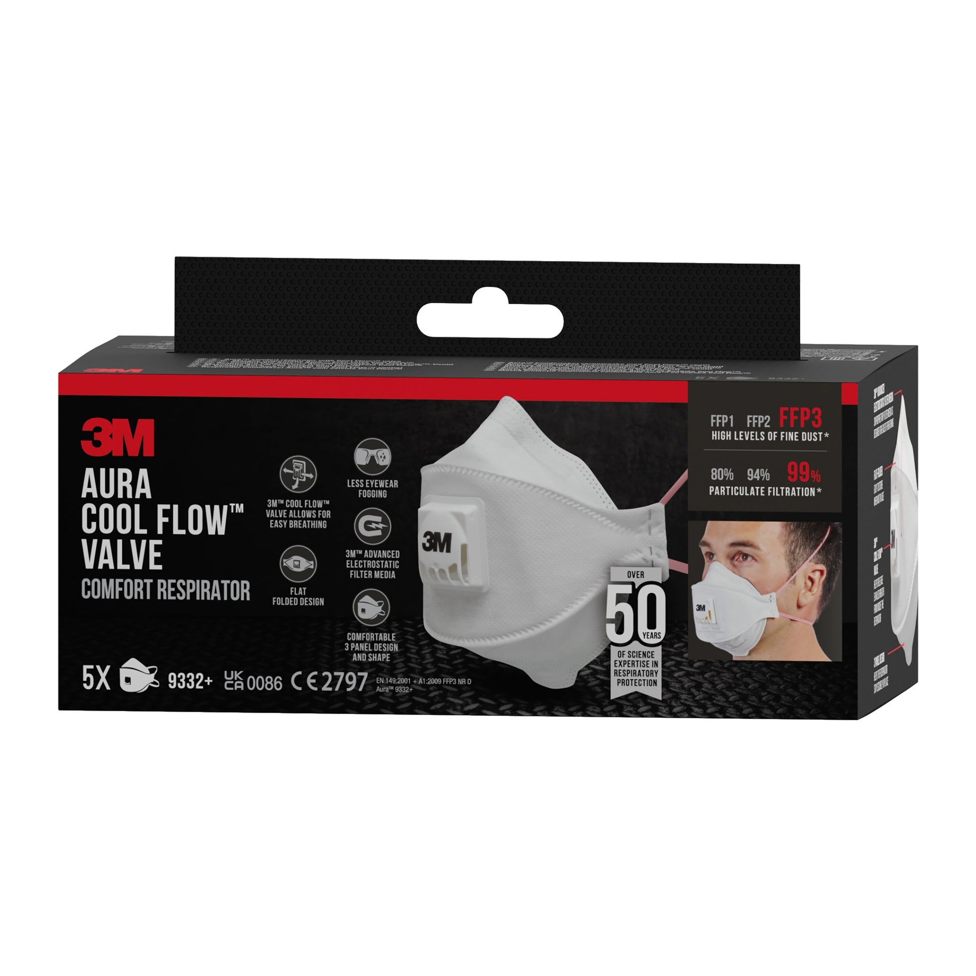 Eine Packung 3M™ Aura™ Comfort Cool Flow™ Partikelmaske 9332+, FFP3, mit Ventil von 3M Deutschland GmbH, mit einer weißen Maske mit Ventil. Die Packung enthält 5 Masken, die jeweils FFP3-Schutz und eine Partikelfiltration von über 99 % bieten.