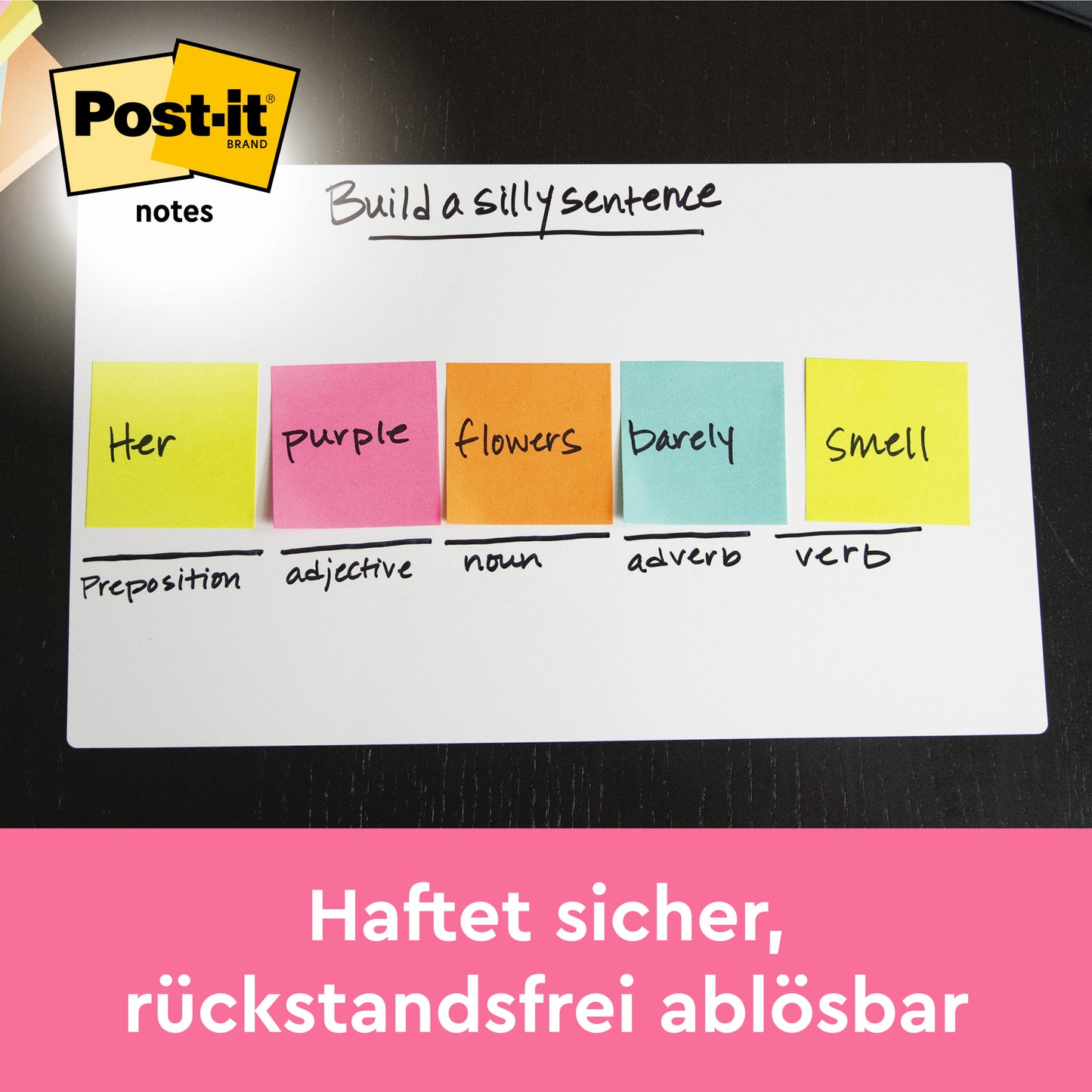 On a whiteboard are five colorful Post-it® Notes (Beachside Collection, 38x51mm, 3M Deutschland), each labeled with a word and sorted by parts of speech. At the top it says "Build a silly sentence", in the corner the Post-it® logo.