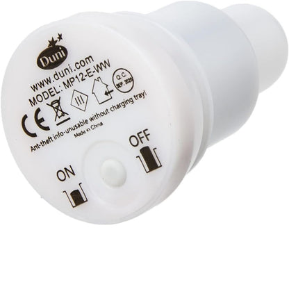 A white, rechargeable LED device from Duni GmbH, model MP12-E-WW, from the package "LED Set, Warm White & Multicolor - 12 Piece Color Changing Lights"; with on/off switch, button, remote control symbol, and theft alarm.