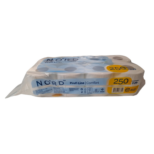 Eine Packung Altruan Toilettenpapier, 3-lagig, enthält 8 Rollen mit je 250 Blatt. Die meist weiße Verpackung hat blaue und gelbe Akzente sowie ein Etikett "3-lagig". Auch als Karton mit 8 Packungen erhältlich. Hergestellt aus 100% Zellulose.