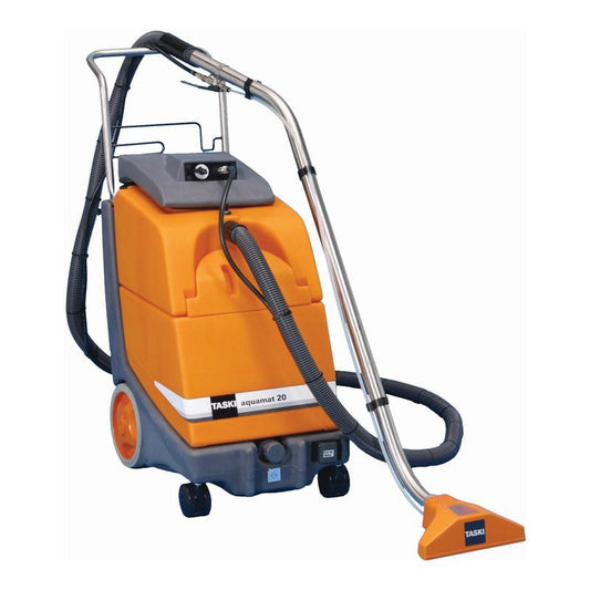 Die TASKI aquamat 20 von Diversey Deutschland GmbH & Co. OHG ist eine Sprühextraktionsmaschine für Grundreinigung, ideal für mittelgroße Flächen, mit Griff, Rollen und Metallsaugrohr mit orangefarbenem Reinigungskopf. Packung: 1 Stück.