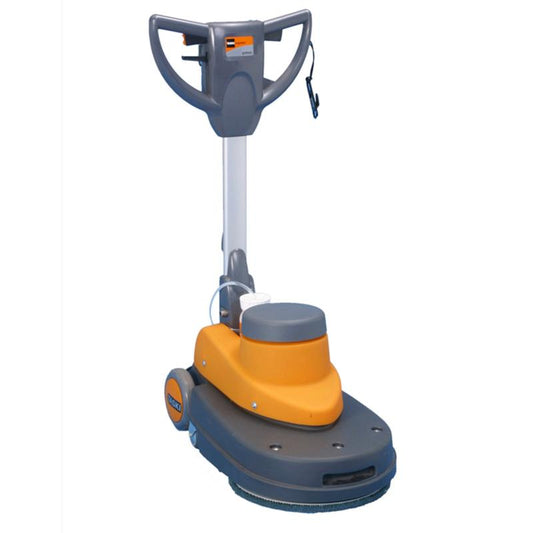 Die TASKI ergodisc omni Einscheibenmaschine von Diversey Deutschland GmbH & Co. OHG, in grau-orange mit Lenkersteuerung und 2 Rädern, steht aufrecht. Sie verfügt über eine elektrische Sprühvorrichtung zur effizienten Reinigung mit dem TASKI omni System (900 U/min).