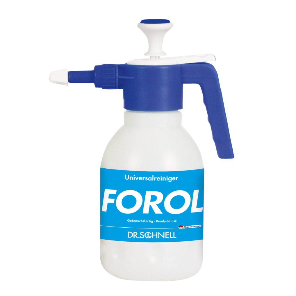 Der DR.SCHNELL Drucksprüher 1,5 Liter, leerDosierhilfen von DR.SCHNELL GmbH & Co. KGaA ist ein weißer Kunststoffsprüher mit blauem Griff und Düse, ideal für präzise Reinigungsaufgaben.