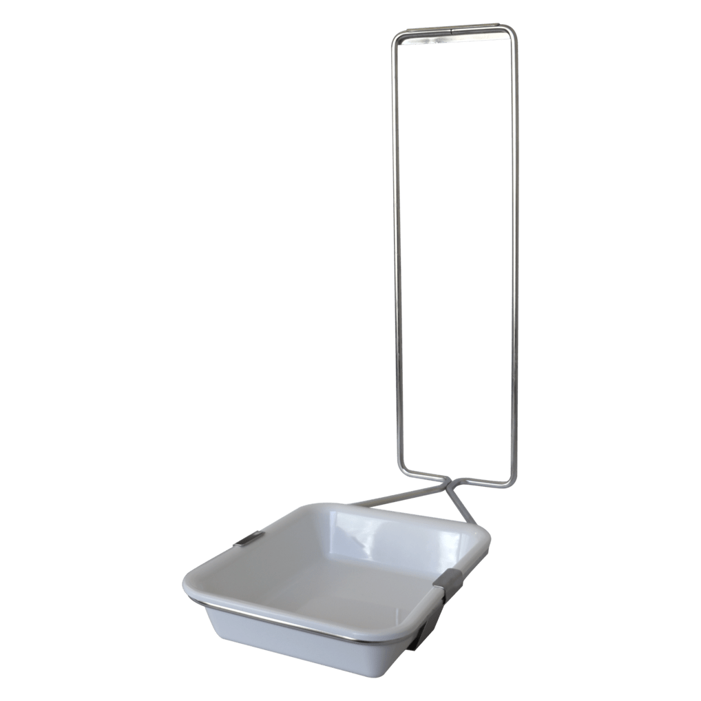The Dr. Schnell drip tray for dispensers from DR.SCHNELL GmbH & Co. KGaA is a rectangular white plastic drip tray attached to the base of a tall, rectangular metal frame that stands upright against a plain white background.