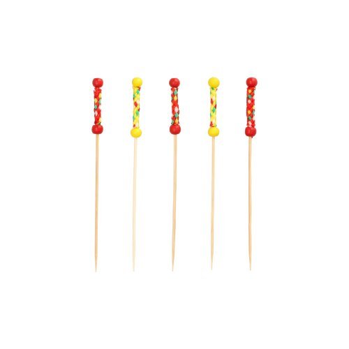 Five PAPSTAR 250 finger food picks from PAPSTAR GmbH made of wood, biodegradable, with colorful beads and decorations in red, yellow, and multicolored accents, arranged vertically against a white background.