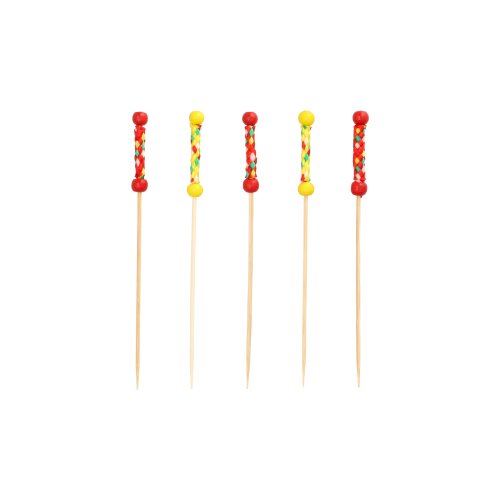 Fünf PAPSTAR 250 Fingerfood-Picker von PAPSTAR GmbH aus Holz, biologisch abbaubar, mit bunten Perlen und Dekorationen in Rot, Gelb und mehrfarbigen Akzenten, vertikal vor weißem Hintergrund angeordnet.