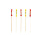 Five PAPSTAR 250 finger food picks from PAPSTAR GmbH made of wood, biodegradable, with colorful beads and decorations in red, yellow, and multicolored accents, arranged vertically against a white background.