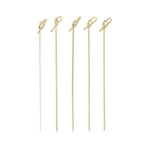 Fünf PAPSTAR 250 Fingerfood - Picker „pure“ Cocktailspieße aus Bambus der PAPSTAR GmbH, jeweils mit einer geknoteten Schlaufe an der Spitze, stehen aufrecht vor einem schlichten weißen Hintergrund.