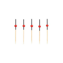 Five PAPSTAR 250 finger food picks from PAPSTAR GmbH, made of wood with black sleeves and red beads, arranged vertically in a row against a white background.