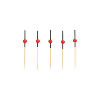 Five PAPSTAR 250 finger food picks from PAPSTAR GmbH, made of wood with black sleeves and red beads, arranged vertically in a row against a white background.
